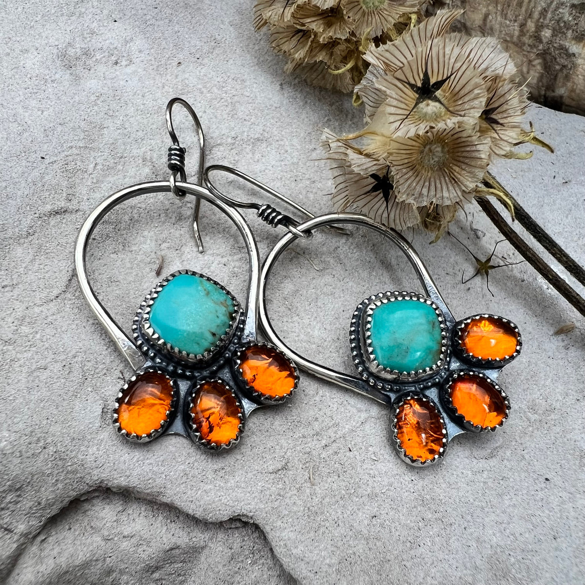 Turquoise and Amber Hoops