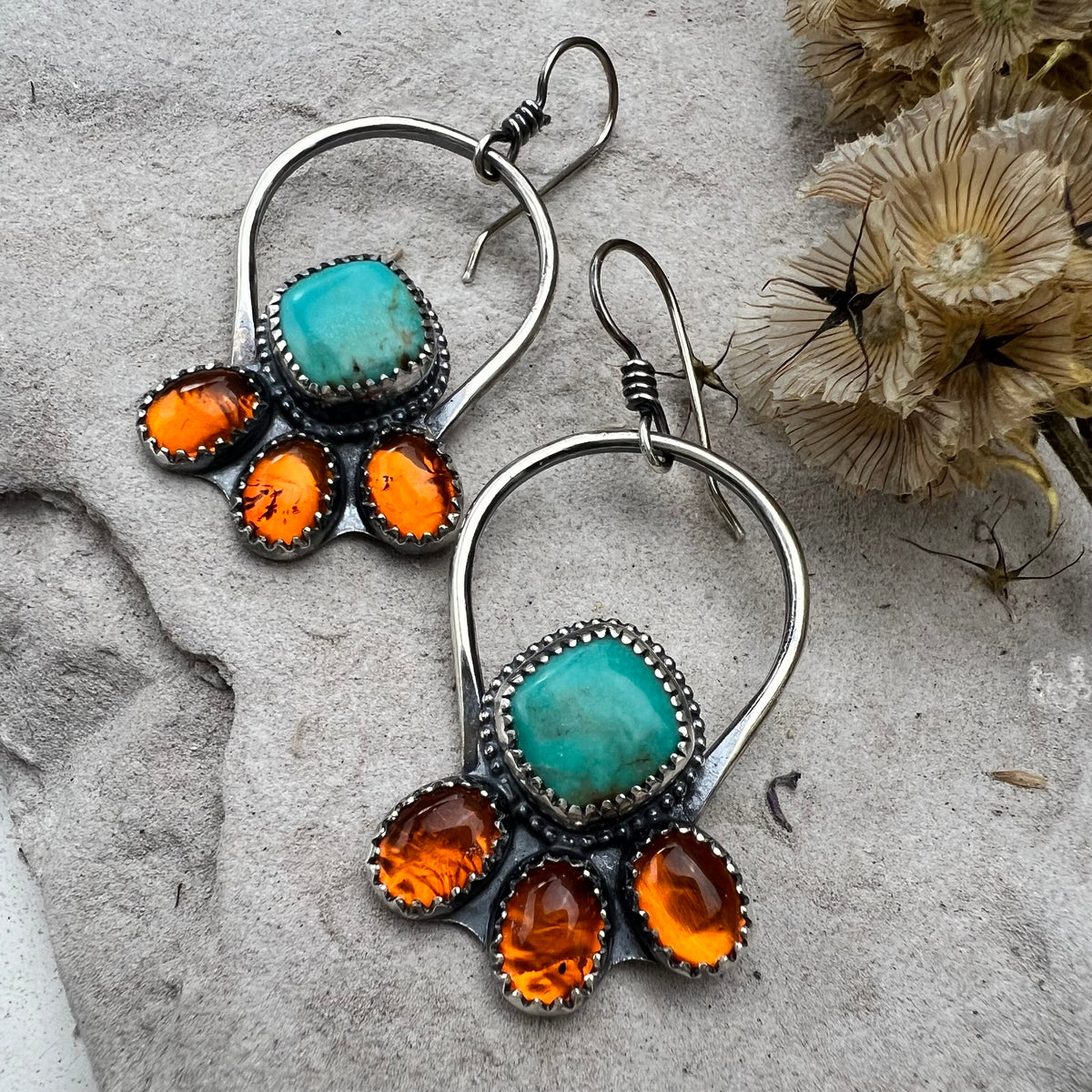 Turquoise and Amber Hoops